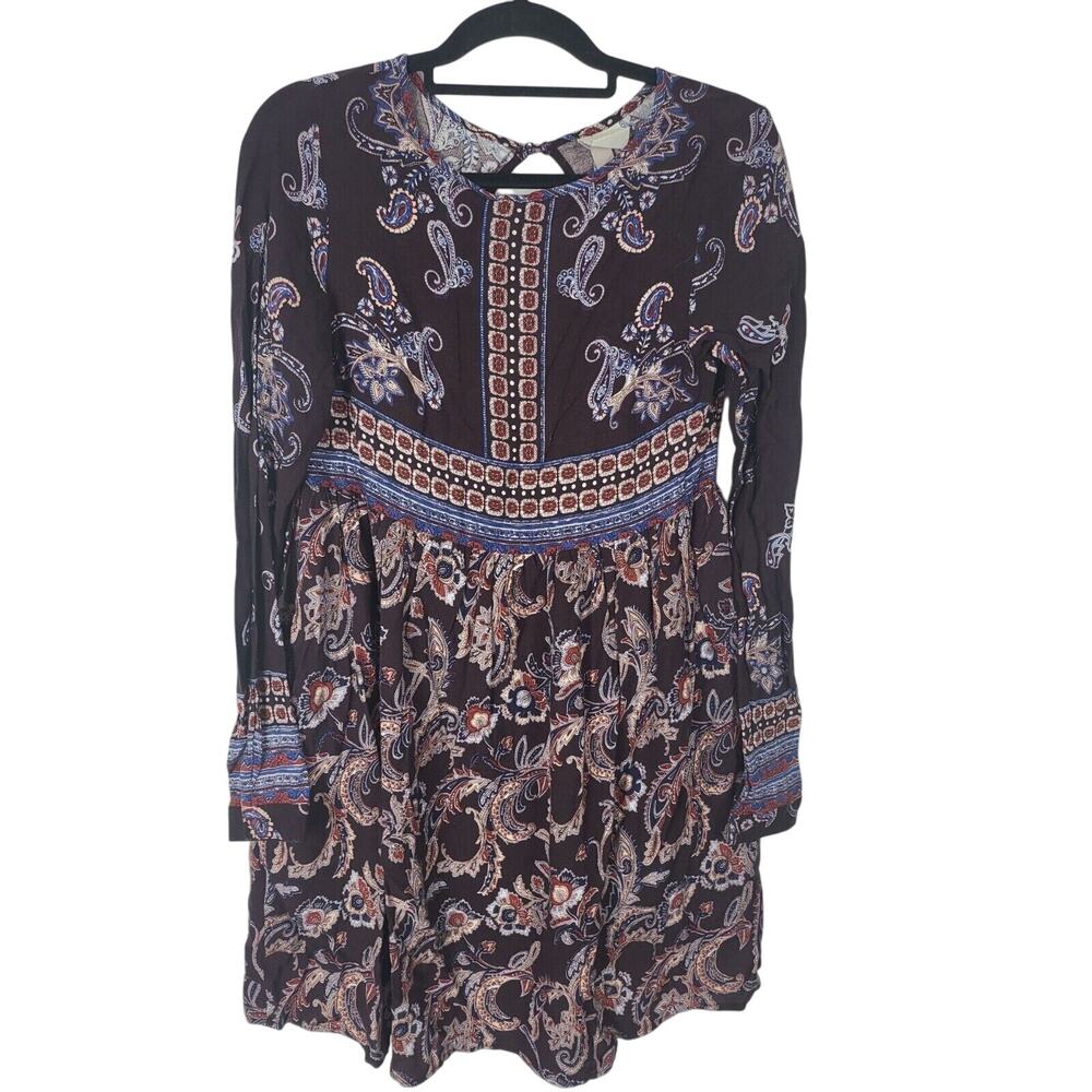 Knox Rose Dress XS Womens Mini Burgundy Long Sleeve Key Hole Back‎ Paisley Print